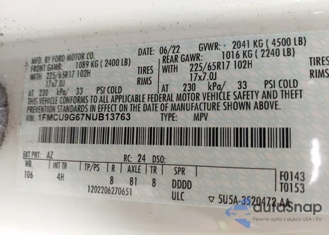 2022 Ford Escape Se from USA, damaged, VIN 1FMCU9G67NUB13763